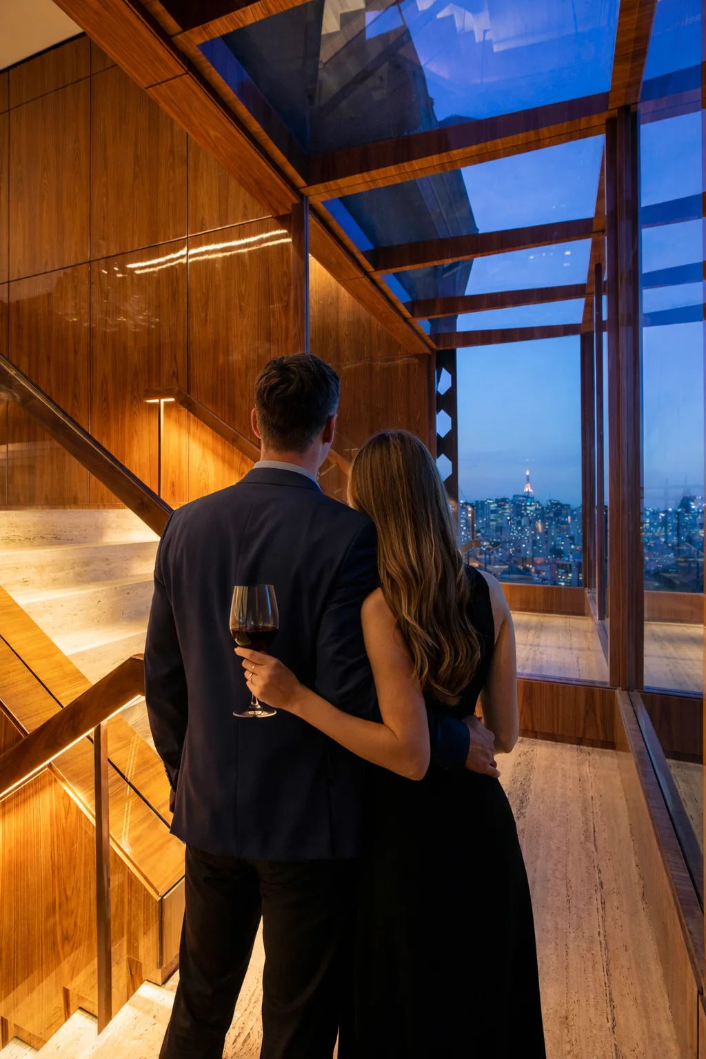 Paar genießt mit einem Glas Wein den Blick über São Paulo